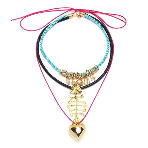 Bohemian Multi-Layer Necklace Alloy Fish Bone Heart Charms Leather Cord Woven Rope Vintage Style Women Jewelry