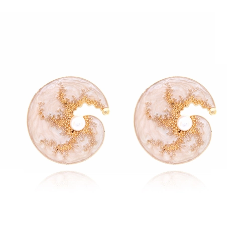Spiral Shell Enamel Earrings With Stainless Steel Earring Post Nautilus Artificial Pearl French Vintage Jewelry For Women