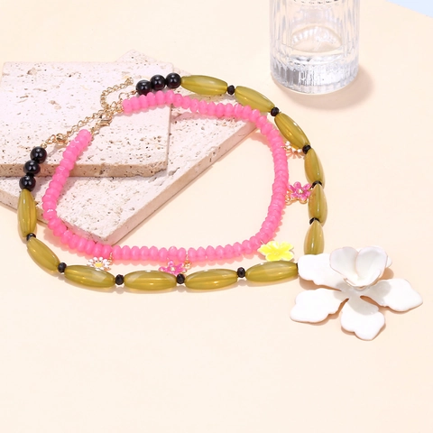 Collana A Doppio Strato Di Perline Con Grande Ciondolo A Fiore Bianco Ciondoli Floreali In Resina E Acrilico Gioielli Boho Da Donna