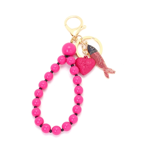 Creative Beaded Keychain Pink Resin Beads Enamel Tropical Fish Heart Pendant Metal Ring Bag Charm For Women Girls