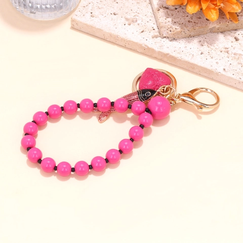 Creative Beaded Keychain Pink Resin Beads Enamel Tropical Fish Heart Pendant Metal Ring Bag Charm For Women Girls