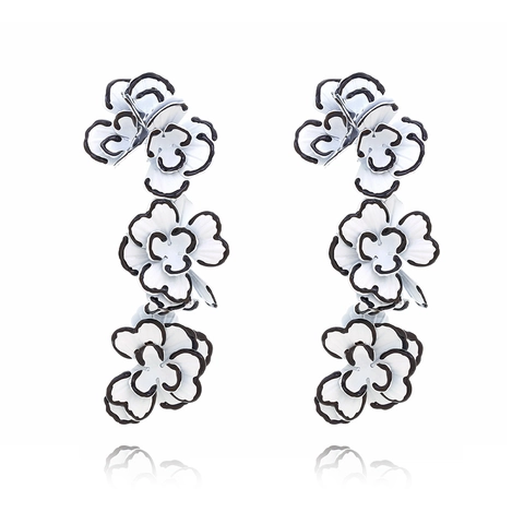 Floral Dangle Earrings Exaggerated Long Enamel 3D White Flower With Black Border Retro Style For Women