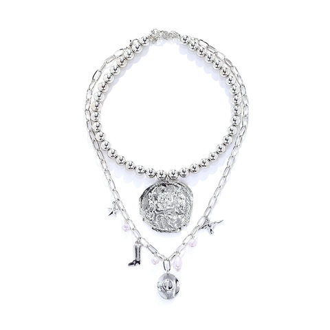 Western Cowboy Multi Layer Ketting Vintage Zilverkleurige Legering Munt Hanger Met Hoed Laars Bedeltjes En Imitatie Kunstparel