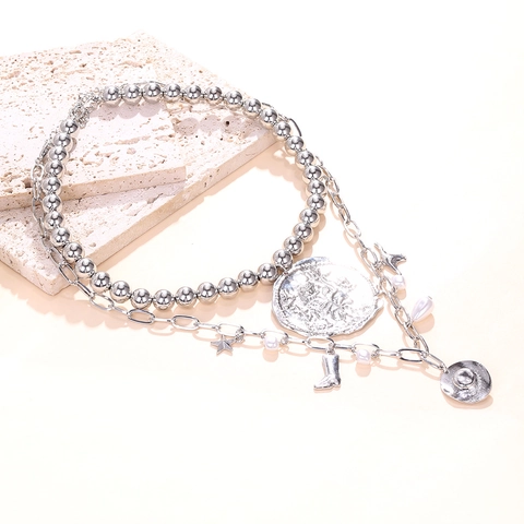 Western Cowboy Multi Layer Ketting Vintage Zilverkleurige Legering Munt Hanger Met Hoed Laars Bedeltjes En Imitatie Kunstparel