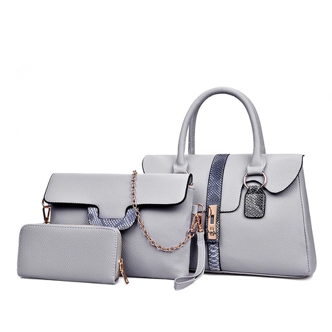Women PU Leather Handbag Tote Crossbody Chain Bag Long Wallet Lychee Grain Snake Pattern Commuting Office Messenger Bag