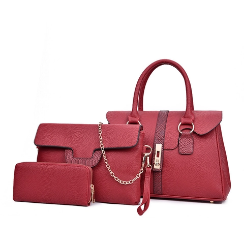 Women PU Leather Handbag Tote Crossbody Chain Bag Long Wallet Lychee Grain Snake Pattern Commuting Office Messenger Bag