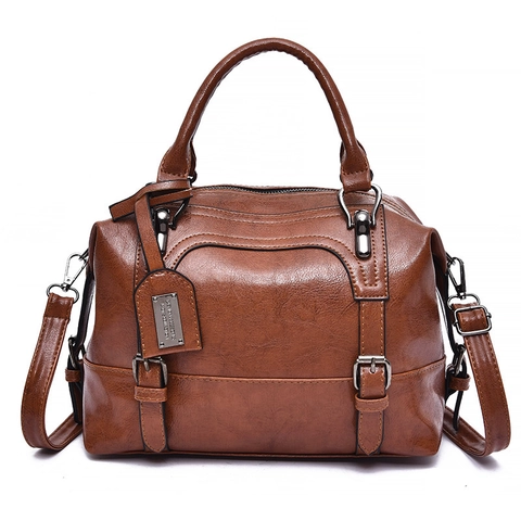 Vintage Boston Handbag Women Large Capacity Oil Wax PU Leather Top Handle Shoulder Bag Removable Strap Retro Style
