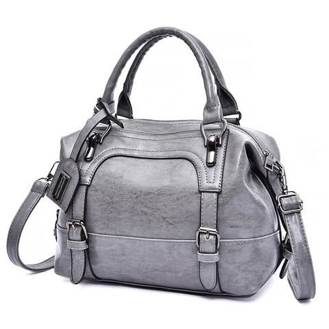 Vintage Boston Handbag Women Large Capacity Oil Wax PU Leather Top Handle Shoulder Bag Removable Strap Retro Style