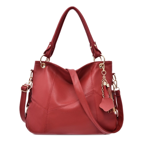Women Large Capacity Tote Bag Litchi Textured PU Leather Handbag Shoulder Bag With Tassel Pendant Casual Commuter