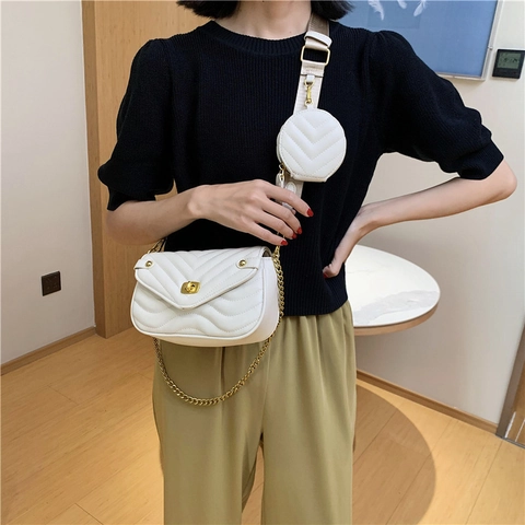 Women V-Quilted Chevron PU Leather Crossbody Bag With Round Coin Purse Wide Webbing Strap Gold Chain Shoulder Bag Handbag