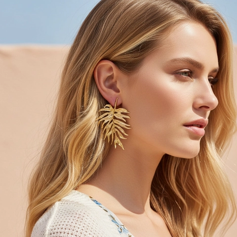 Retro 3D Alloy Palm Leaf Drop Earrings With Stainless Steel Earring Post Vintage Luxury Vacation Style Jewelry