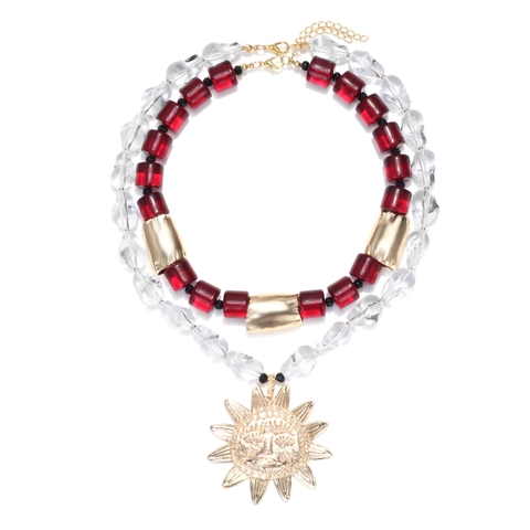 Collier Double Rang Bohème Avec Grand Pendentif Soleil Perles En Résine Rouges Et Transparentes Alliage De Zinc Pour Femme