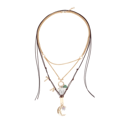 Stacking Multi Layer Necklace With Sun Moon Star Pendants And Green Resin Bead Boho Retro Alloy Jewelry For Women