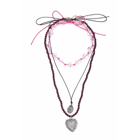 Layered Necklace Heart Pendant Beaded Zinc Alloy Resin Fiber Rope Vintage Multi Layer Women Jewelry Accessories