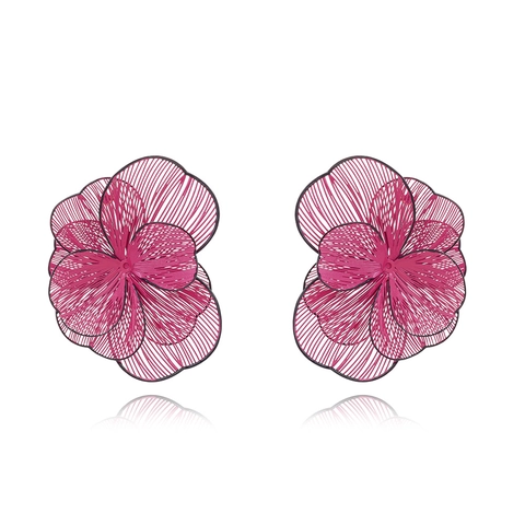 Exaggerated Large Flower Stud Earrings For Women Magenta 3D Mesh Metal Floral Statement Jewelry With Steel Earring Post