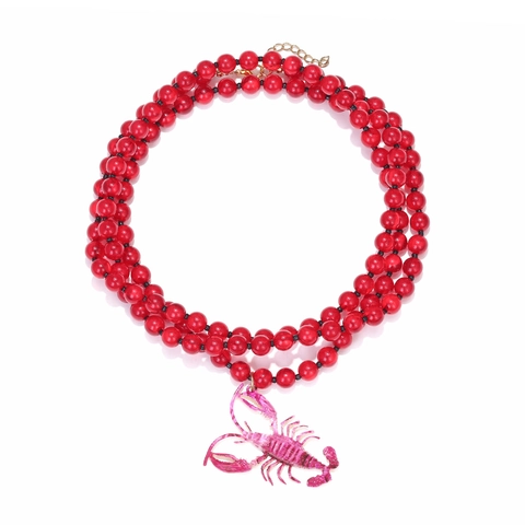 Layered Beaded Necklace With Lobster Pendant Red Resin Beads Zinc Alloy Statement Jewelry For Women