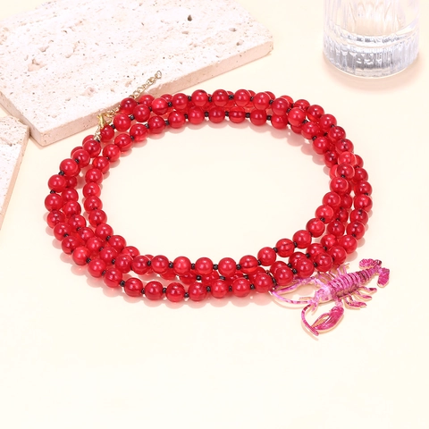 Layered Beaded Necklace With Lobster Pendant Red Resin Beads Zinc Alloy Statement Jewelry For Women