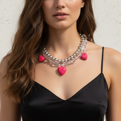 Collar De Capas Con Cuentas De Resina Colgante De Corazón De Aleación Rosa En Relieve Joyería De Vacaciones Para Mujeres
