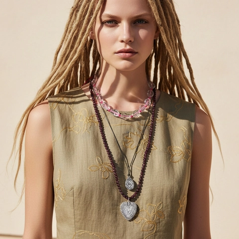 Layered Necklace Heart Pendant Beaded Zinc Alloy Resin Fiber Rope Vintage Multi Layer Women Jewelry Accessories