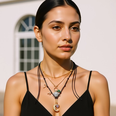 Stacking Multi Layer Necklace With Sun Moon Star Pendants And Green Resin Bead Boho Retro Alloy Jewelry For Women