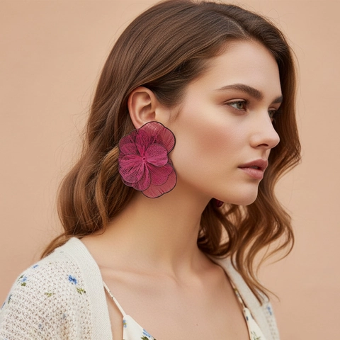 Exaggerated Large Flower Stud Earrings For Women Magenta 3D Mesh Metal Floral Statement Jewelry With Steel Earring Post