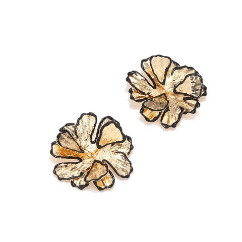 Overdreven Dubbellaagse Bloemknopoorbellen Gouden Legering Zwarte Oliedruppel Retro Artistieke Sieraden Voor Dames