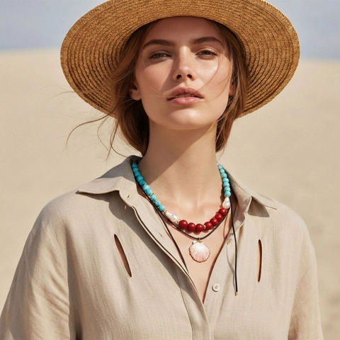 Bohemian Layered Necklace With Shell Pendant Turquoise Beads Artificial Baroque Pearls Alloy Summer Beach Clavicle Chain For Women
