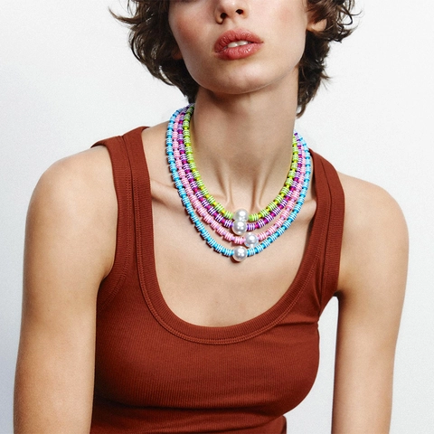 Colorful Striped Resin Beaded Necklace With Large Imitation Artificial Pearl Pendant Y2K Bohemian Fashion Jewelry For Women