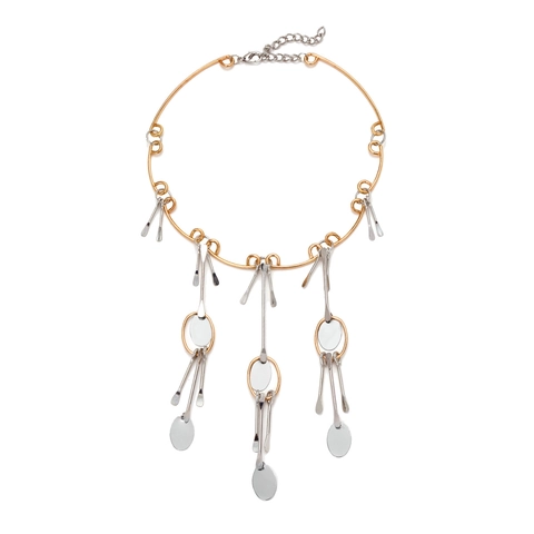Statement Tassel Necklace Two-Tone Gold And Silver Geometric Alloy Pendants Multi-Layer Choker For Women