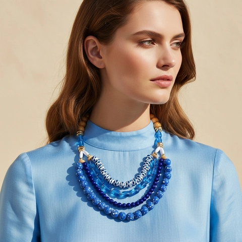 Collana Multistrato Con Perline Boho Gradiente Blu Resina Legno Cascata Choker Da Donna Gioielli Moda