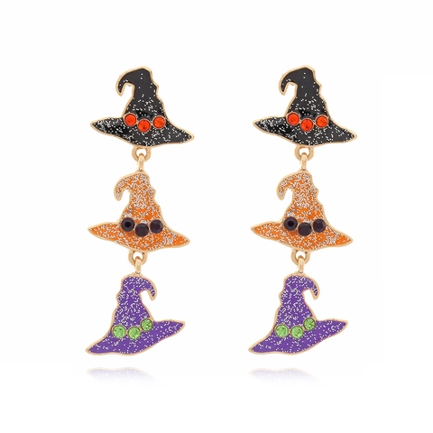 Alloy Dangle Earrings With Oil Dripped Wizard Witch Hat Halloween Rhinestone Glitter Layered Gradient Gothic Party Women