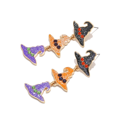 Boucles D'oreilles Pendantes En Alliage Chapeau De Sorcière Halloween Strass Paillettes Multi-couches Gothique Fête Femmes