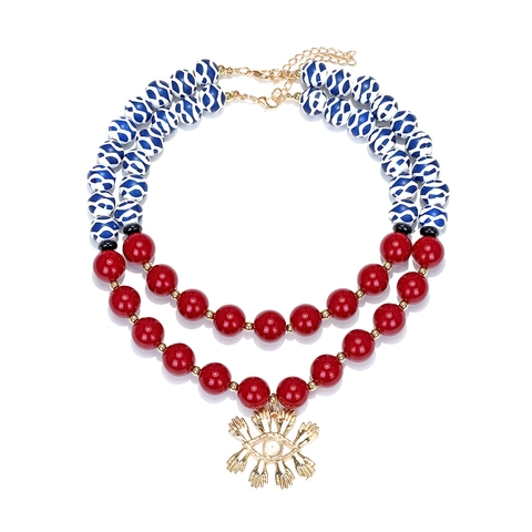 Layered Resin Beaded Necklace With Zinc Alloy Evil Eye Pendant Retro Mixed Color Bohemian Jewelry For Women