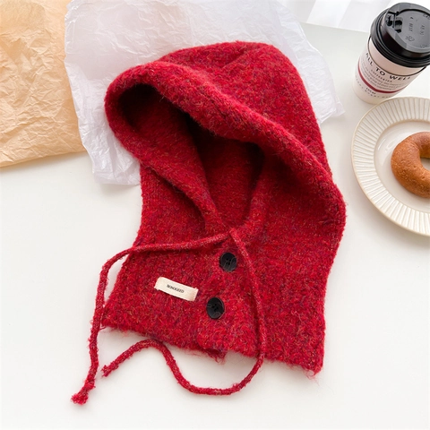 Passamontagna in Maglia di Lana Tinta Unita per Donna Inverno Caldo Antivento Sciarpa con Cappuccio con Bottoni e Coulisse Stile Coreano Copricapo da Esterno
