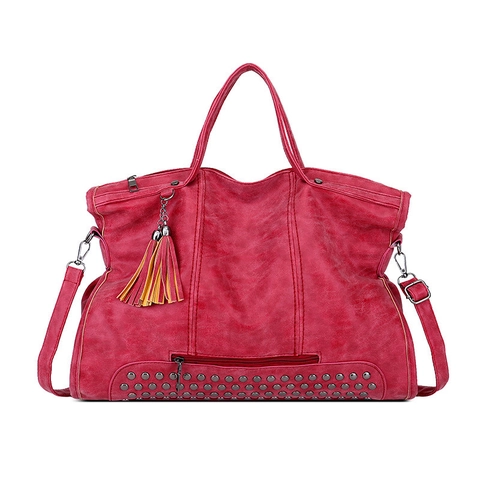 Damen Boston Tasche Aus PU-Leder Große Kapazität Handtasche Mit Nietendekor Quaste Abnehmbarem Schultergurt Vintage Stil