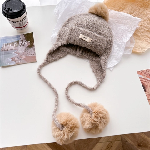 Winter Wool Blend Knit Hat With Pom Poms Ear Protection Thick Warm Korean Style Balaclava For Women