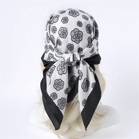 Square Scarf Satin Polyester Camellia Floral Print Headscarf Neck Scarf Vintage Elegant Lightweight For Women