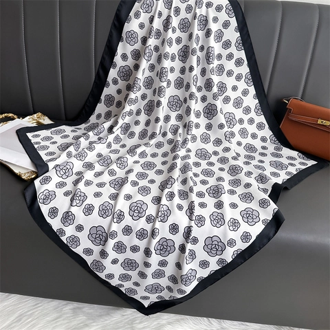 Square Scarf Satin Polyester Camellia Floral Print Headscarf Neck Scarf Vintage Elegant Lightweight For Women