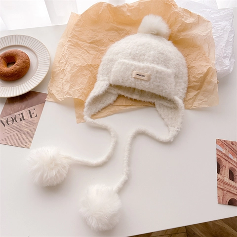 Winter Wool Blend Knit Hat With Pom Poms Ear Protection Thick Warm Korean Style Balaclava For Women