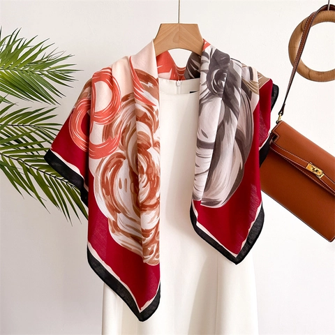 Large Square Scarf Floral Print Satin Like Polyester Elegant Retro Shawl Headscarf For Women Accessories