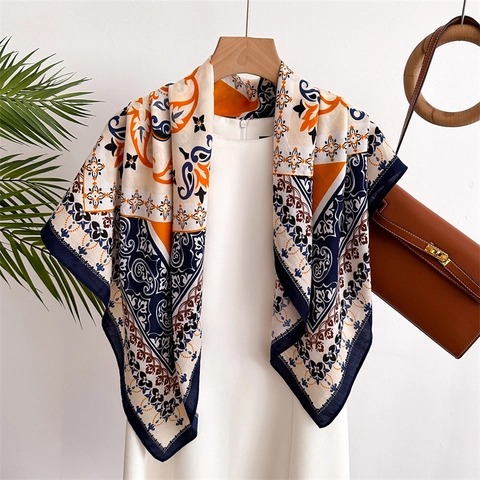 Grande Sciarpa Quadrata Raso Sintetica Stampa Paisley Floreale Elegante Scialle Foulard Per Donna Vintage Trama Spina Di Pesce Versatile