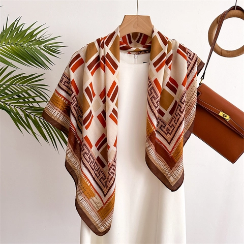 Elegant Square Scarf Satin Polyester Geometric Print Retro Large Shawl Headscarf Women Fashion Accessory