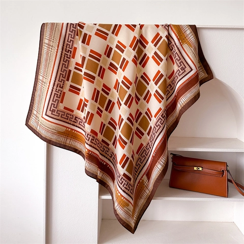 Elegant Square Scarf Satin Polyester Geometric Print Retro Large Shawl Headscarf Women Fashion Accessory
