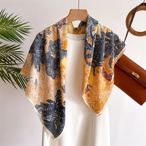 Pañuelo Cuadrado Grande De Satén Para Mujer Estampado Floral Vintage Elegante Botánico Selva Satén Bufanda Retro