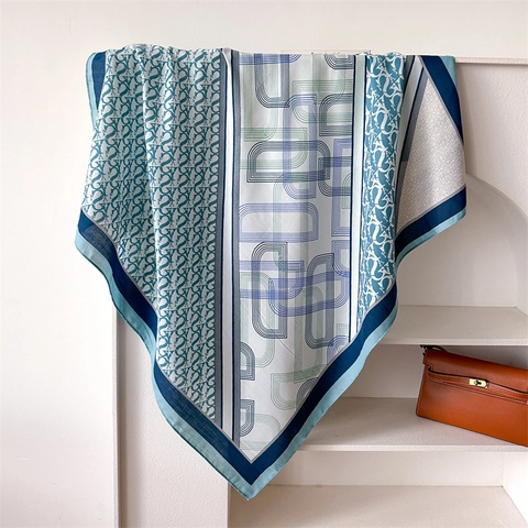 Foulard Carré Mode Polyester Imitation Satin Imprimé Lettres Géométriques Foulard Châle Élégant Polyvalent Enveloppement Femmes