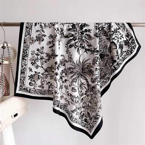 Women Elegant Polyester Satin Square Scarf French Retro Toile De Jouy Tropical Palm Leaf Floral Print Bandana Decorative Headscarf For Daily Travel Fashion Accessory