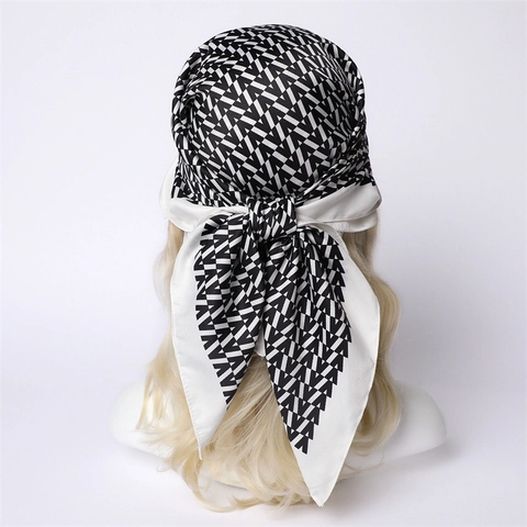 Satin Square Scarf Polyester Satin Like Retro Geometric V Print Elegant Hair Head Wrap Neck Shawl For Women