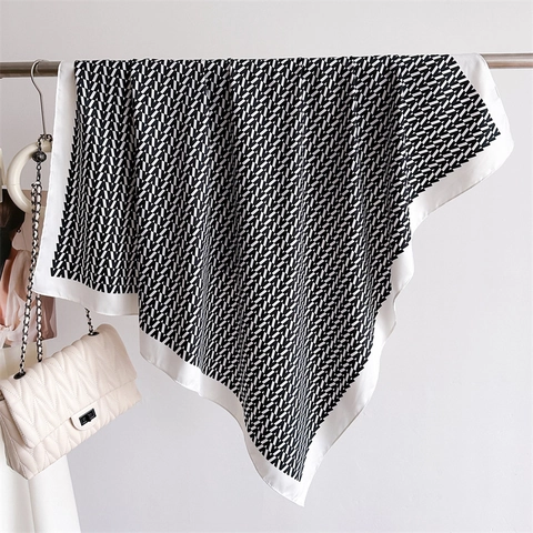 Satin Square Scarf Polyester Satin Like Retro Geometric V Print Elegant Hair Head Wrap Neck Shawl For Women