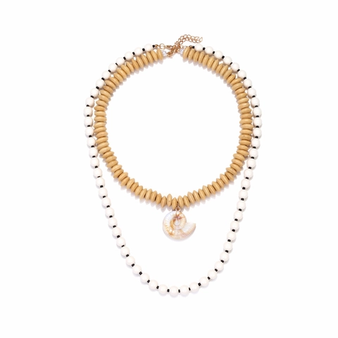 Double Layer Necklace With Wooden Beads Resin Beads And Natural Conch Shell Pendant Bohemian Retro Style For Women