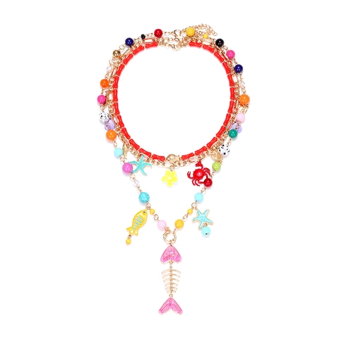 Collier À Pendentif Multi-Rangs Bohème Alliage De Zinc Émail Charmes Marins Poissons Tropicaux Étoile De Mer Crabe Perles Colorées Été